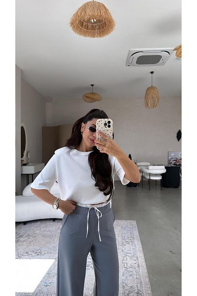 Buket Teke Gray Waist Detail Fabric Trousers