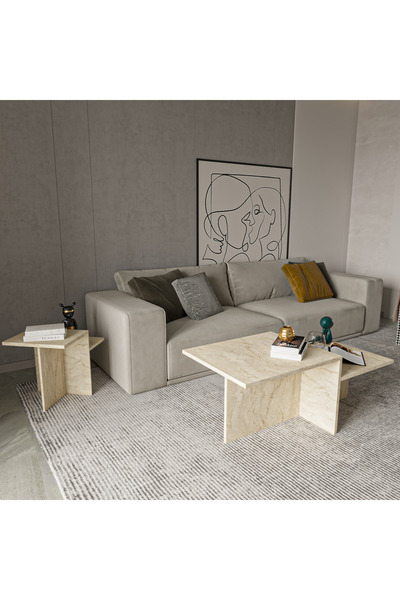 ALONEX HOME DİANA ORTA SEHPA YAN SEHPA MERMER DESENLİ