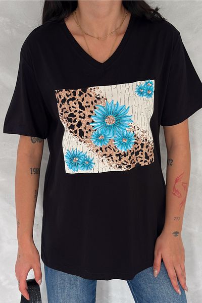 FEMELLE Women's Black V-Neck Large Size Floral Sequin Sequin Embroidered 100% Cotton T-Shirt