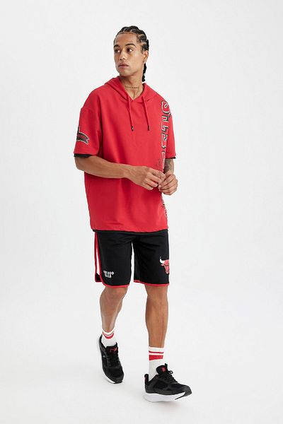 DeFacto Fit Nba Houston Rockets Red Oversize Wide Fit Hooded Printed Short Sleeve T-Shirt