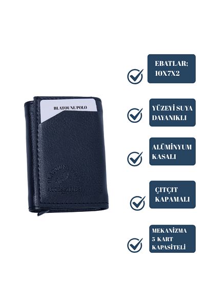 Blatoune Polo محفظة حامل بطاقات نسائية بحماية RFID باللون الأزرق الداكن وآلية أوتوماتيكية ومضادة للسرقة مع حجرة للعملات المعدنية