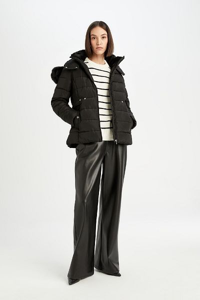 DeFacto Water Repellent Long down Coat - Detachable Faux Fur Hood with Quilted Zipper and Pocket