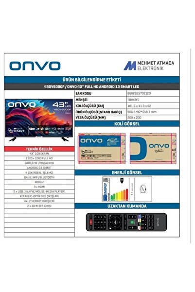 ONVO 43OV6000F Full HD 43" 109 Ekran Uydu Alıcılı Android Smart LED TV