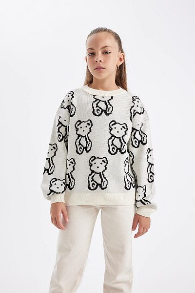 DeFacto Dziewczęcy sweter z okrągłym dekoltem i nadrukiem misia Teddy w dużym rozmiarze - C6943A824Au
