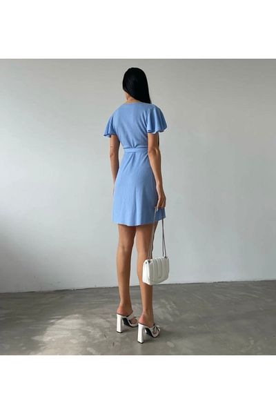 MODAYA Women's Blue Double-Breasted Tie-Up Short Dress