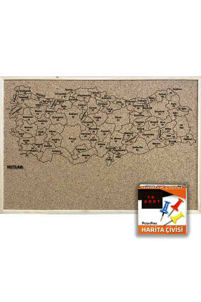 AND Mantar Pano Türkiye Haritası (Plaka Detaylı) Ahşap Çerçeveli 60x90 Cm + Harita Çivisi