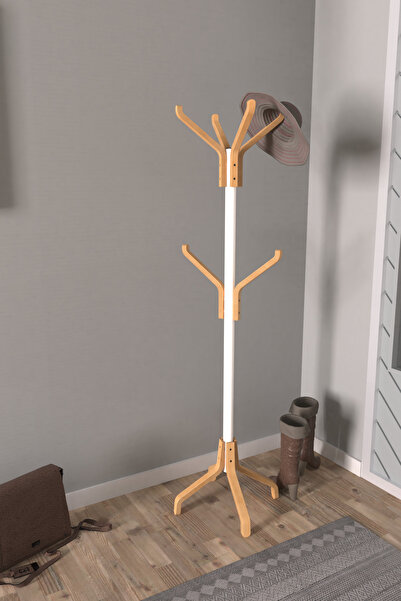 VİLİNZE Vesti Ahşap Kestane Ayaklı Beyaz Metal Portmanto Elbise Askılık