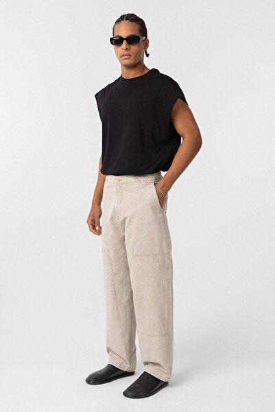 VAMOSCLO Yıkamalı Baggy Gabardin Pantolon Bej