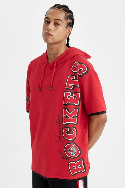 DeFacto Fit Nba Houston Rockets Red Oversize Wide Fit Hooded Printed Short Sleeve T-Shirt