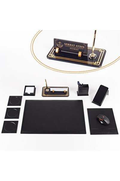 Ofistike Focus Avukata Özel Siyah Deri Sümen Takımı ve Kristal Masa İsimliği ...