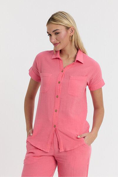 TCT TEKSTİL قميص نسائي - قميص بأكمام قصيرة وياقة موسلين - 1140