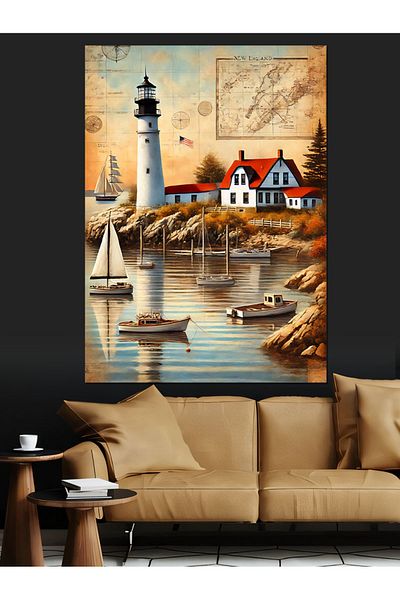 Tablomega Lighthouse and Boats Decorative Canvas - Mdf Wooden Painting