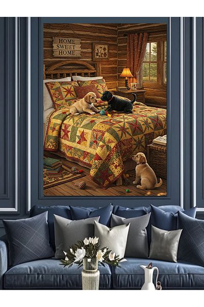 Tablomega Rustic Bed and Pets Decorative Canvas - Mdf Wooden Painting
