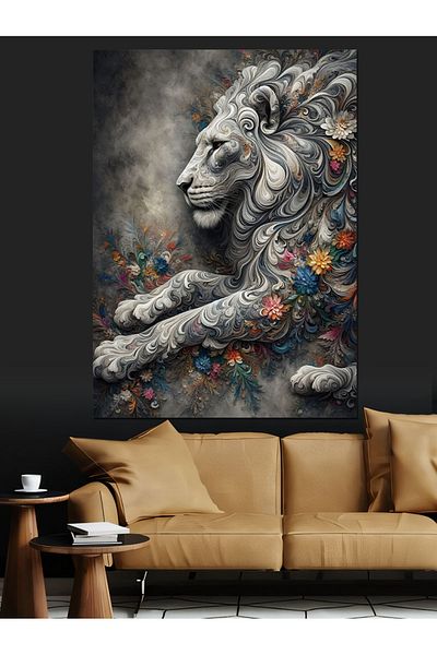 Tablomega Gray Lion and Flower Patterns Decorative Canvas - Mdf Wooden Painting