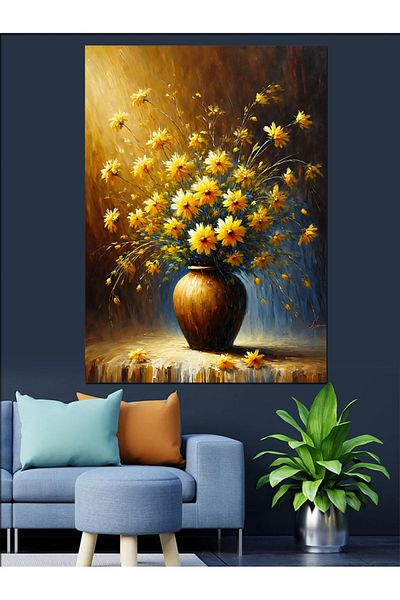 Tablomega Yellow Flower Vase Decorative Canvas - Mdf Wooden Table