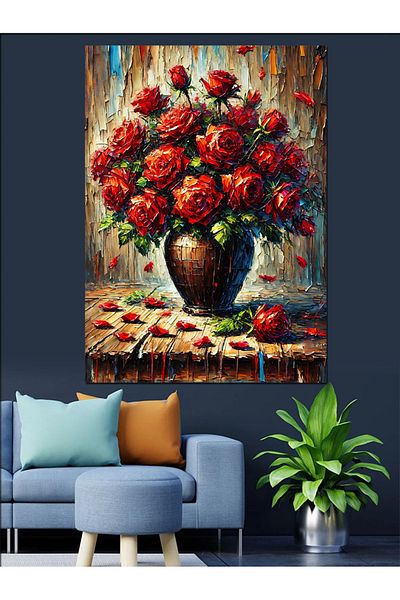 Tablomega Red Roses Flower Vase Decorative Canvas - Mdf Wooden Table