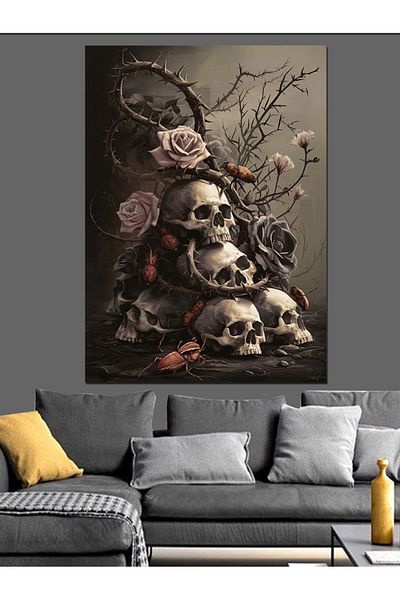 Tablomega Skull and Roses Decorative Canvas - Mdf Wooden Painting