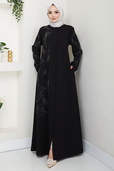hafsamina Plus Size Ferace - Μαύρο με πέτρες στην ένα πλευρά και στα μανίκια