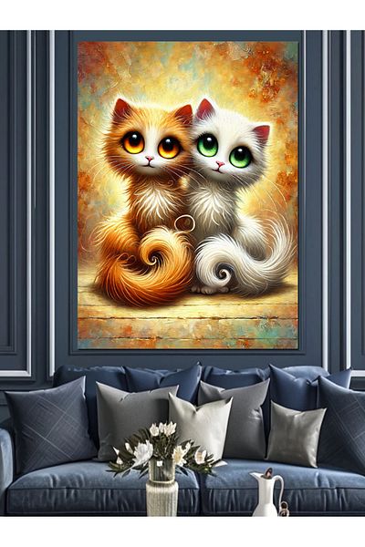 Tablomega Cute Cat Pair and Bright Eyes Decorative Canvas - Mdf Wooden Painting