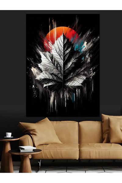 Tablomega Black and White Leaf and Sun Decorative Canvas - Mdf Wooden Painting