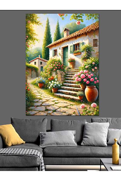 Tablomega Stone House and Flower Garden Decorative Canvas - Mdf Wooden Table