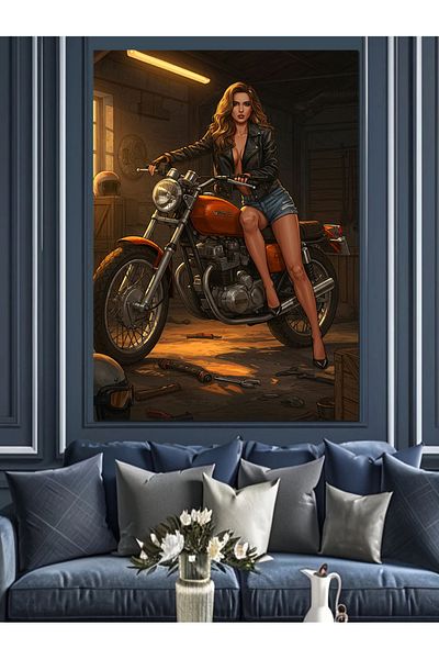 Tablomega Portrait of a Woman on a Motorcycle Decorative Canvas - Mdf Wooden Painting