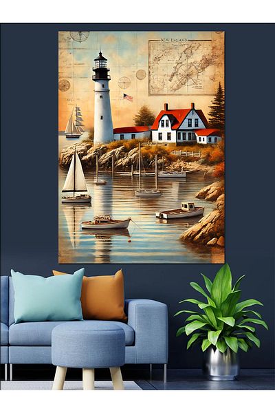 Tablomega Lighthouse and Boats Decorative Canvas - Mdf Wooden Painting