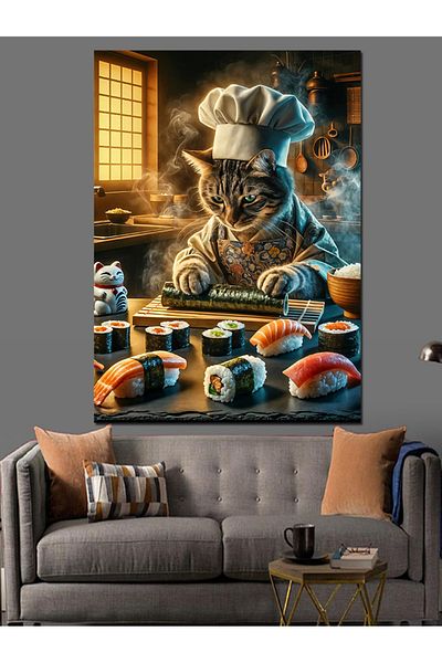 Tablomega Pânză decorativă Sushi Cooking Cat - Lemn MDF