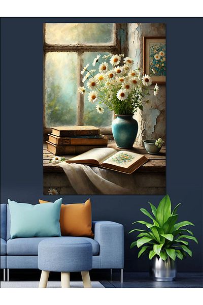 Tablomega Old Room Decorative Canvas with Window and Flowers - Mdf Wooden Painting