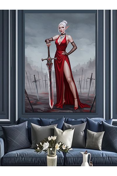 Tablomega Woman in Red Dress and Sword Decorative Canvas - Mdf Wooden Painting