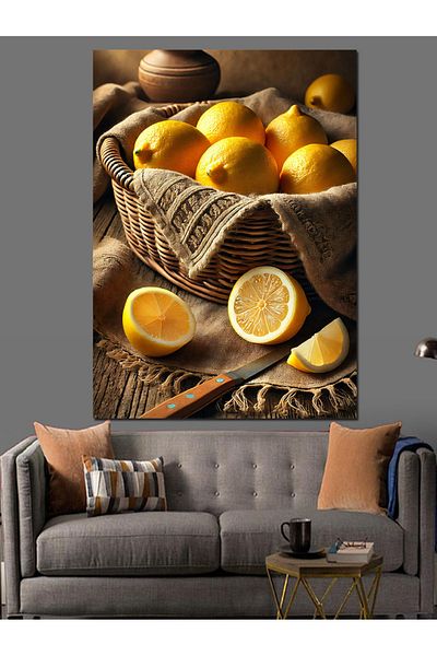 Tablomega Yellow Lemon Basket and Simplicity Decorative Canvas - Mdf Wooden Table