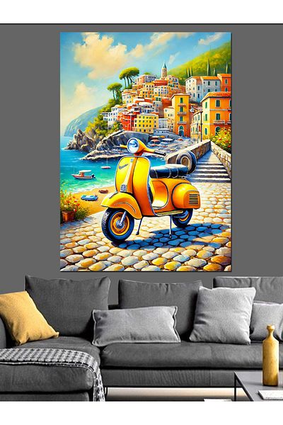 Tablomega Vespa Galbenă și Străzi Mediteraneene Pânză Decorativă - Lemn MDF Pictură