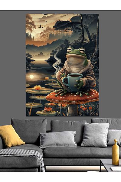 Tablomega Coffee Drinking Frog Decorative Canvas - Mdf Wooden Painting