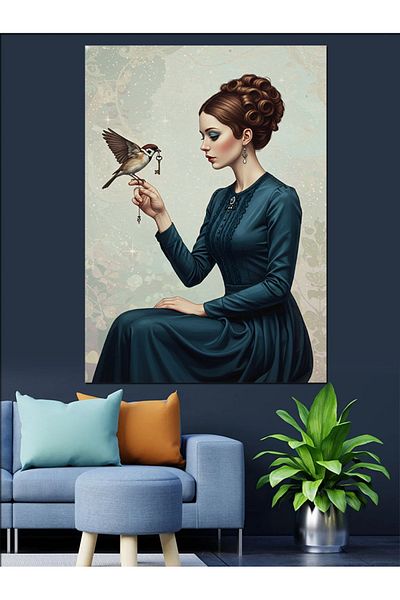 Tablomega Pictură Decorativă Canvas Portret de Păsări și Femei Elegante - Lemn MDF