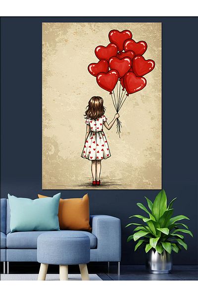 Tablomega Little Girl Flying with Balloons Decorative Canvas - Mdf Wooden Painting