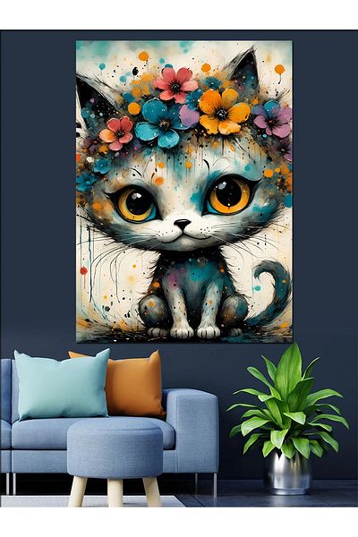 Tablomega Pânză decorativă pisică albă cu flori colorate - pictură din lemn MDF