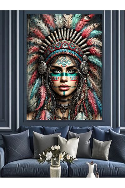 Tablomega Native American Woman and Traditional Patterns Decorative Canvas - Mdf Wood Painting