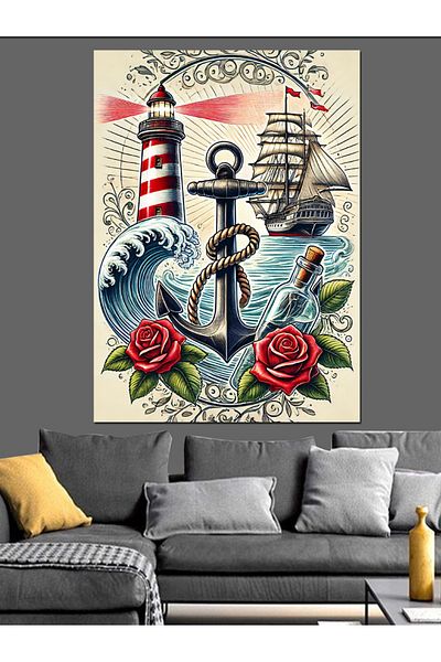 Tablomega Lantern, Ship and Anchor Icon Decorative Canvas - Mdf Wooden Painting
