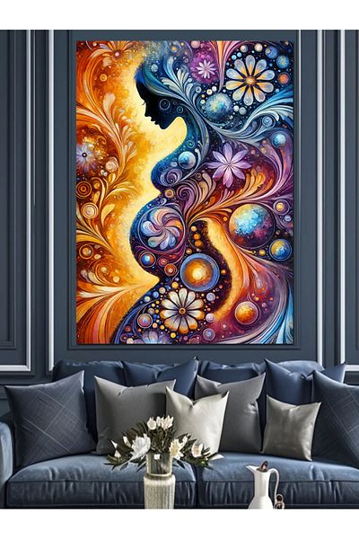Tablomega Pregnant Woman and Colorful Decorative Canvas - Mdf Wooden Painting