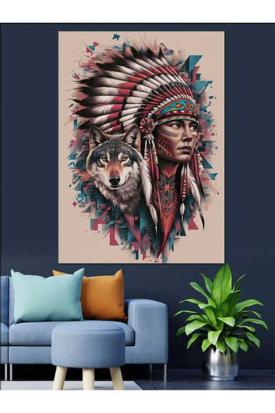 Tablomega Native American and Wolf Decorative Canvas - Mdf Wooden Painting