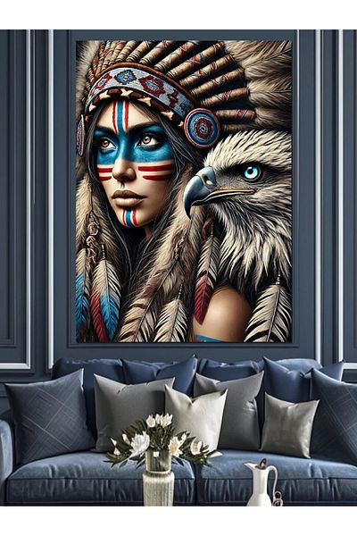 Tablomega Pânză decorativă Native Woman și Şahin - Lemn MDF