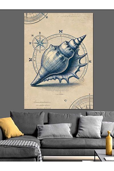 Tablomega Seashell and Compass Decorative Canvas - Mdf Wooden Painting