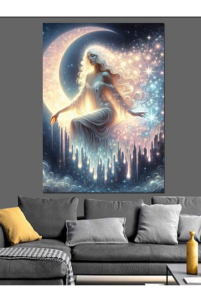 Tablomega White Angel and Crescent Decorative Canvas - Mdf Wooden Painting
