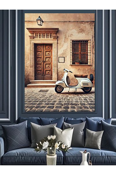 Tablomega Pânză decorativă pentru motocicletă albă pe stradă - pictură din lemn MDF