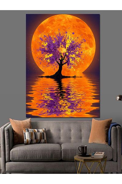 Tablomega Orange Full Moon and Tree Decorative Canvas - Mdf Wooden Painting