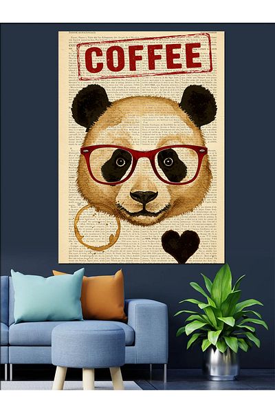 Tablomega Coffee Loving Panda Decorative Canvas - Mdf Wooden Table