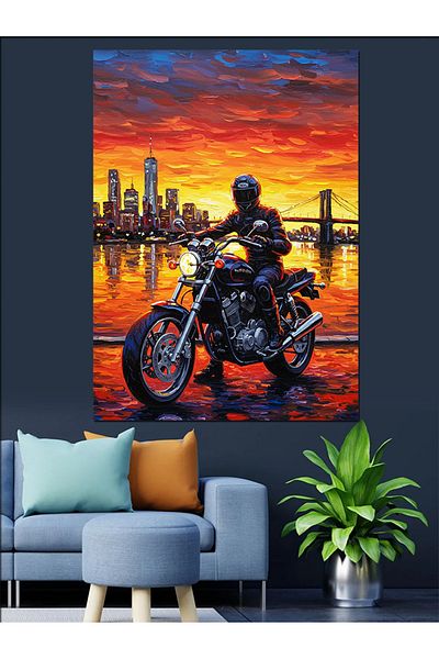 Tablomega Pânză decorativă pentru motociclete la apus de soare - pictură din lemn MDF