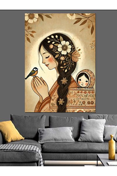 Tablomega Woman with Bird Portrait Decorative Canvas - Mdf Wooden Painting