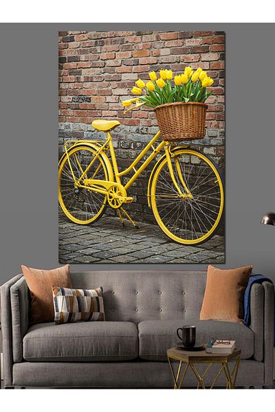 Tablomega Yellow Bicycle and Flower Basket Decorative Canvas - Mdf Wooden Painting
