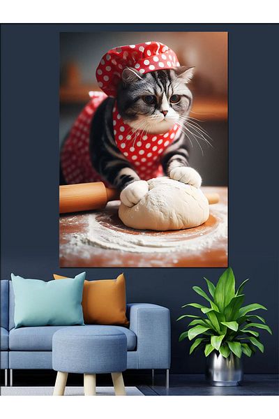 Tablomega Flour Kneading Cat Decorative Canvas - Mdf Wooden Table
